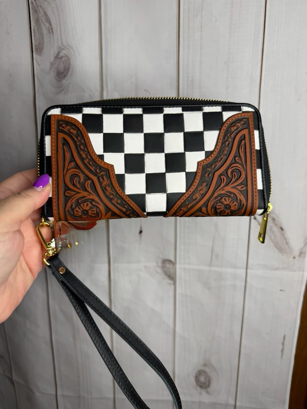 Mew w/o tags Black & White Check Wristlet Wallet with Brown Tooled Accents